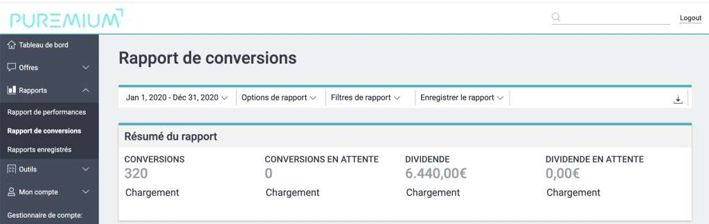 Gain générés par l'affiliation sur un dashboard Puremium